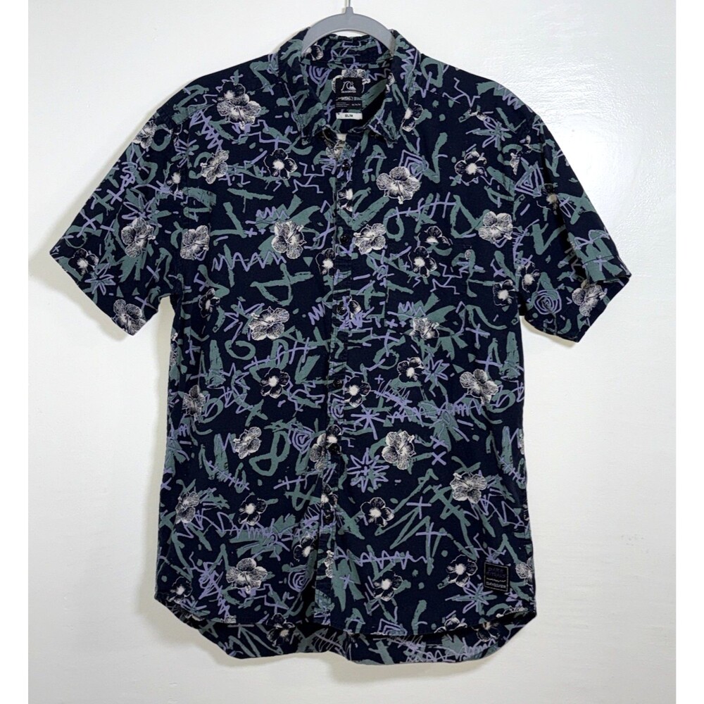 Quiksilver Men’s Hawaiian Boarding Shirt Navy Blue Slim Fit Cotton Size Medium